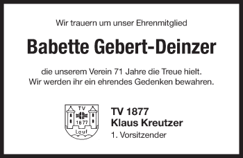 Traueranzeige von Babette Gebert-Deinzer von Pegnitz-Zeitung